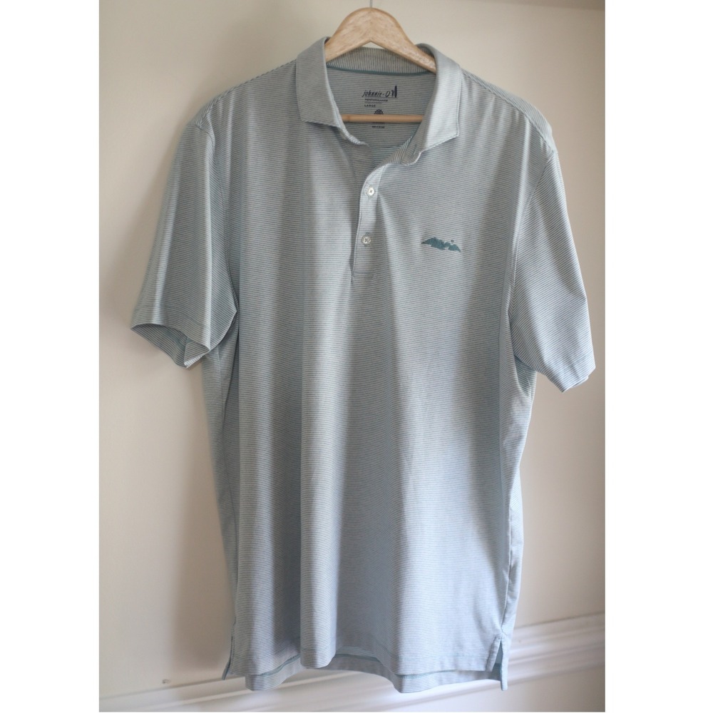 Johnnie-O Performance Polo Shirt Mens Large Blue White Micro Stripe Golf UPF 50